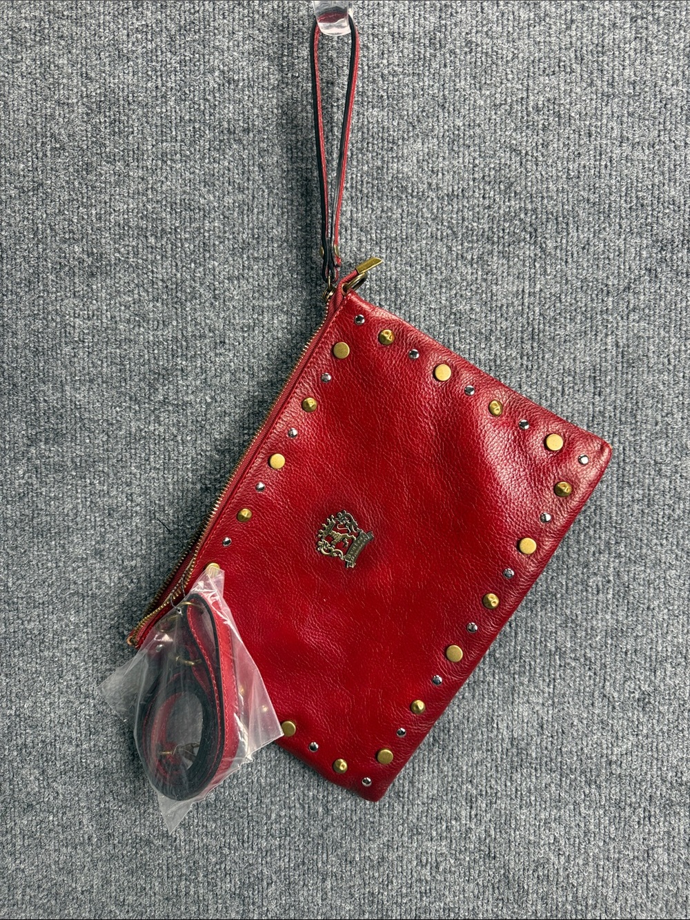 Pratesi Firenze Red Studded Leather Clutch/Wristlet w/ Crossbody Strap NWOT